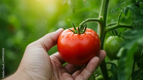 Close-up view of a vibrant red tomato held gently in hand on a blurred foliage background