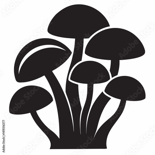 Monochrome image of a group of fungi in simple design
