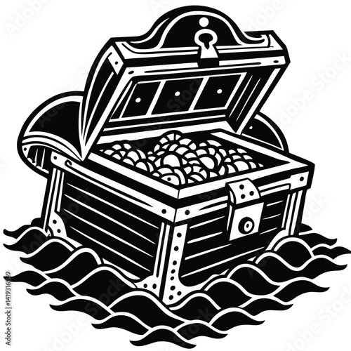 Treasure Chest Illustration: Open Pirate Chest Overflowing with Gold Coins in Black and White Graphic Style, Hidden Treasure Concept