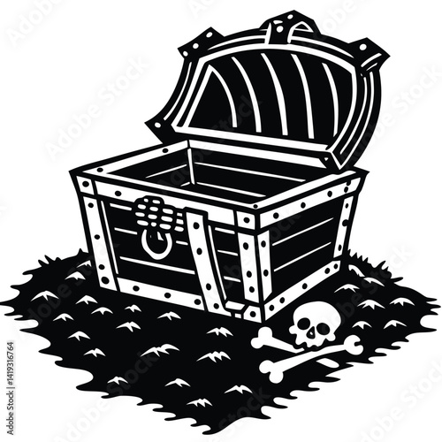Pirate Treasure Chest Illustration: Open Wooden Chest on Ground with Skull and Crossbones, Black and White Vector Graphic Image