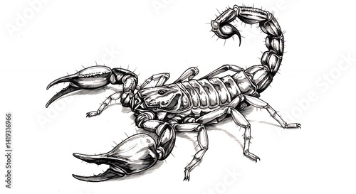 Detailed black and white scorpion line art tattoo design