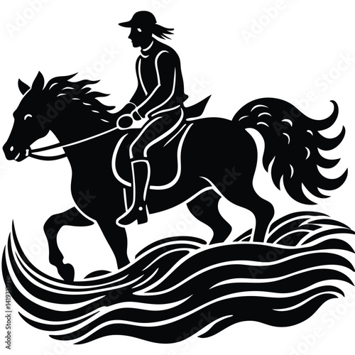 Black and White Woodcut Illustration of Horse and Rider on Water: Equestrian Art, Vintage Style, Animal Motif, Transportation, Horseback Riding