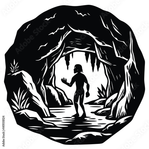 Cave Explorer Black and White Woodcut Illustration: Silhouette of a Man Exploring a Dark Cave with Stalactites and Water