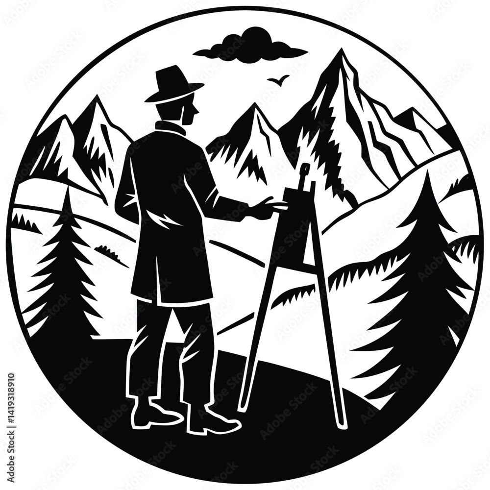 Artist Painting Mountain Landscape Illustration: Silhouette of Painter with Easel, Pine Trees, and Mountain Peaks in Circle Design