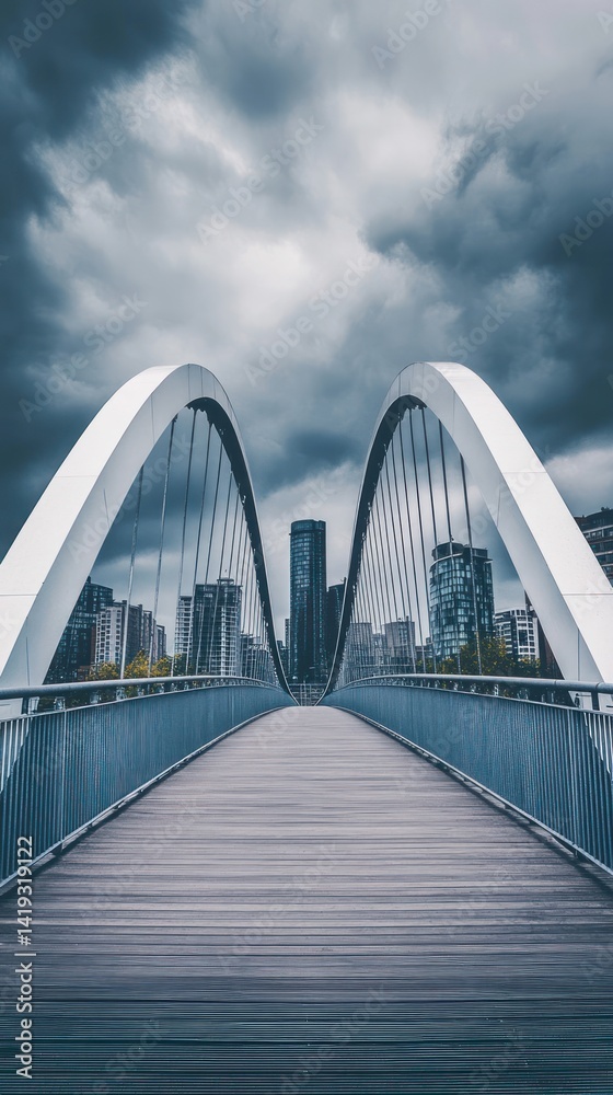 Obraz premium Modern arched bridge spans cityscape under a dramatic sky.