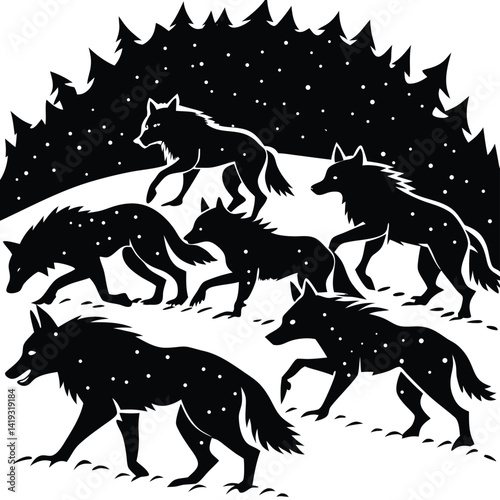 Pack of Wolves in Snowy Forest: Black and White Illustration of Wolves Hunting in Winter Landscape, Wildlife Art Print