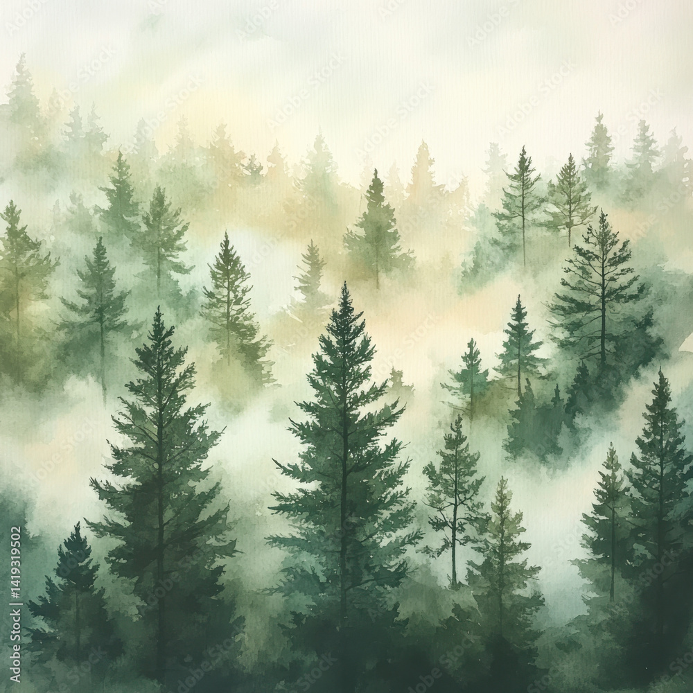 Fototapeta premium serene landscape featuring dense forest shrouded in mist, with tall evergreen trees creating tranquil atmosphere. soft hues of green and subtle fog evoke sense of calm and connection to nature