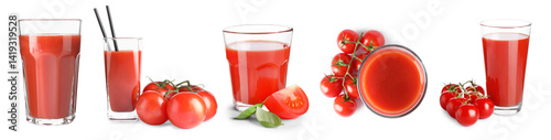 Tasty tomato juice on white background, collage