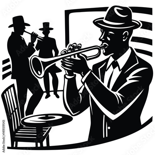 Black and White Jazz Musicians Illustration: Trumpet Player, Clarinetist, and Drummer in Retro Style Band Performance Graphic