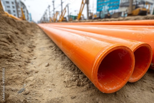 Wallpaper Mural Orange PVC pipes aligned in foundation trench for underground infrastructure development and construction, utilities installation Torontodigital.ca