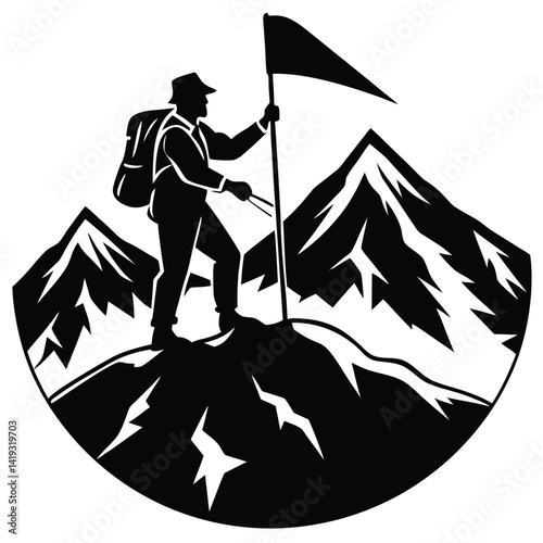 Mountain Climber Silhouette Vector: Hiking, Adventure, Summit, Flag, Outdoors, Achievement, Peak, Black and White Illustration