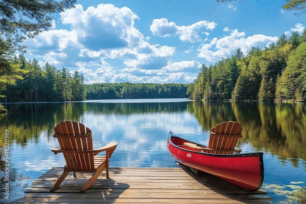 Obraz premium Rustic Red Canoe & Two Adirondack Chairs on a Wooden Dock Overlooking Serene Lake