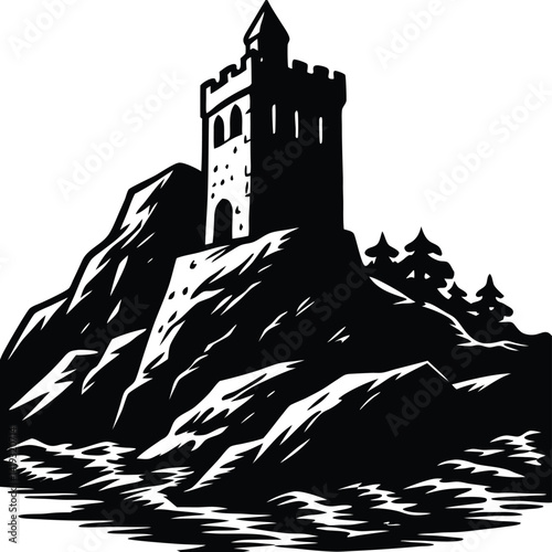 Black and White Woodcut Illustration of a Castle on a Rocky Hill with Water, Tower, and Trees - Fantasy Landscape Art