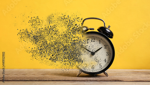 Photography Alarm clock dissolving on wooden table against yellow background, banner