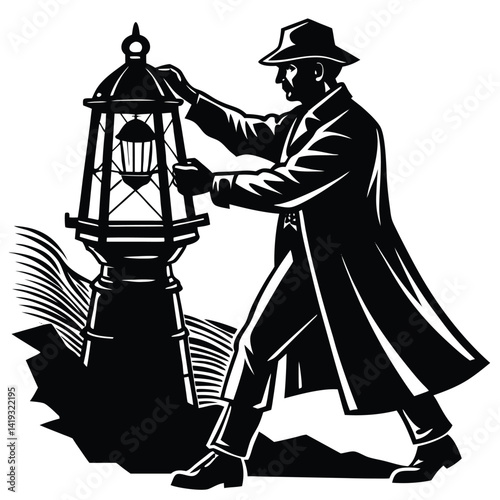 Vintage Lighthouse Keeper Illustration: Man in Trench Coat Tending to Light, Black and White Vector Graphic, Nautical Theme