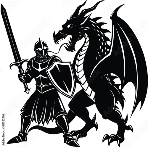 Knight Fighting Dragon Vector Illustration: Medieval Warrior with Sword and Shield Confronting Mythical Beast Clipart