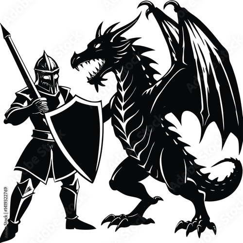 Knight Fighting Dragon Vector Illustration: Medieval Warrior in Armor with Sword and Shield Confronting Mythical Beast Silhouette