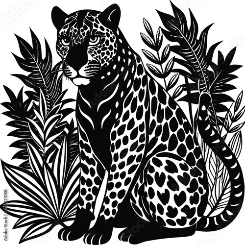 Black and White Leopard Illustration: Detailed Vector Art of a Jungle Cat Amidst Tropical Foliage, Wildlife Graphic Design