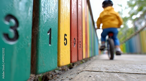 Child on balance bike at play numbered path