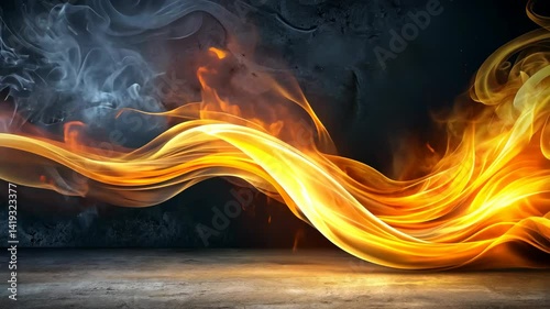 Abstract Orange Fire and Smoke Waves on Dark Gray Concrete Floor and Wall