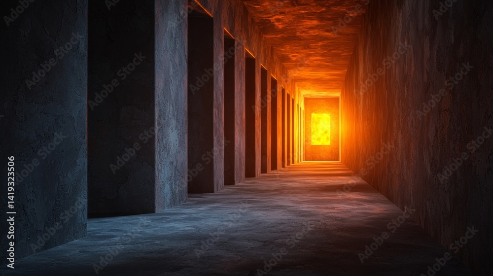 Obraz premium Long Dark Hallway with Scorched Walls and Glowing Orange Light at the End Creating an Eerie Atmosphere