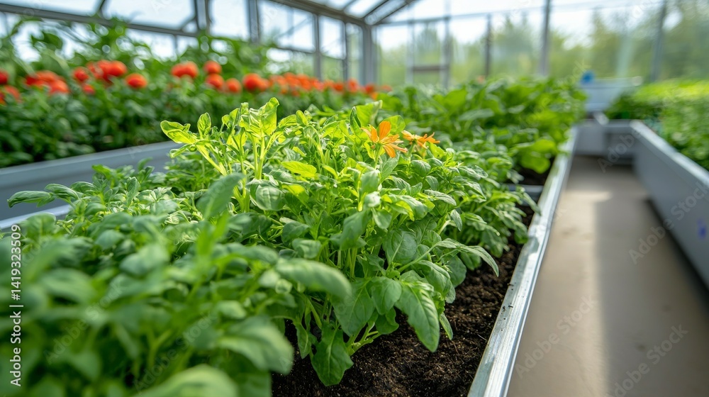 Lush Rows of Healthy Organic Herbs and Vegetables Flourishing in a Sunlit Greenhouse Environment Lush Rows of Healthy Organic Herbs and Vegetables Flourishing in a Sunlit Greenhouse Environment