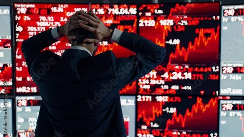 Businessman in distress observing stock market crash on screens  