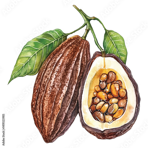 Watercolor botanical illustration of cocoa pods, including opened and cross-section views, showing interior details. Ideal for educational, agricultural, and artistic use.