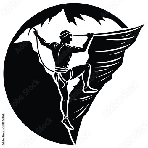 Mountain Climber Silhouette Vector Graphic: Rock Climbing Illustration for Outdoor Adventure Sports Logo Design