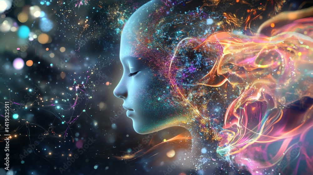 Cosmic Face with Nebula: Surreal Digital Art Blending Human Profile with Universe Elements Cosmic Face with Nebula: Surreal Digital Art Blending Human Profile with Universe Elements