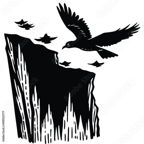 Cliffside Raven Flight: Black Silhouette Illustration of Birds Soaring from Rocky Cliffs, Nature Art Print, Vector Graphic Design