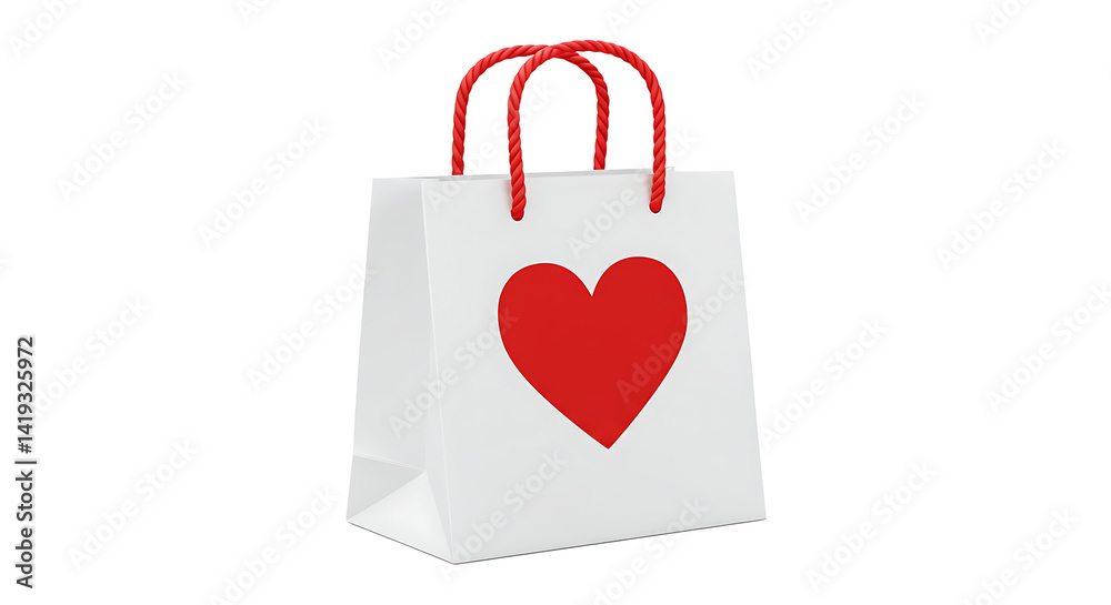 A white shopping bag with a red heart and red handles on a black background in a studio shot A white shopping bag with a red heart and red handles on a black background in a studio shot