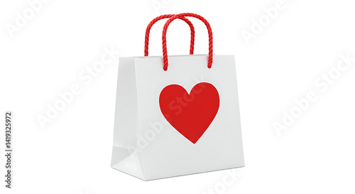 A white shopping bag with a red heart and red handles on a black background in a studio shot