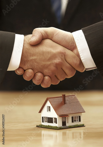 Real estate deal handshake over miniature house model on wooden table