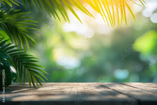 Wooden tabletop surrounded by lush green foliage under soft sunlight