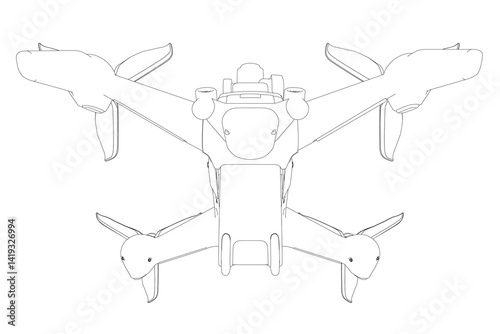 A black and white drawing of a quadcopter. The drawing is of a drone with four propellers and a camera. The drone is positioned in the center of the image, with its wings spread out