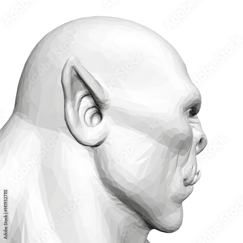 A white Orc face with a mouth full of teeth and a menacing look. The face is drawn in a 3D style, giving it a more realistic appearance. Scene is dark and foreboding. Side view