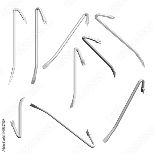 A collection of various types of Crowbar are shown in a grid. The Crowbar are of different sizes and shapes, and they are all white. Concept of organization and order