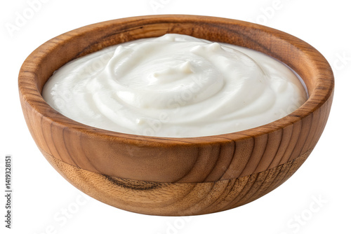 Canvastavla Creamy yogurt in a wooden bowl isolated on transparent background