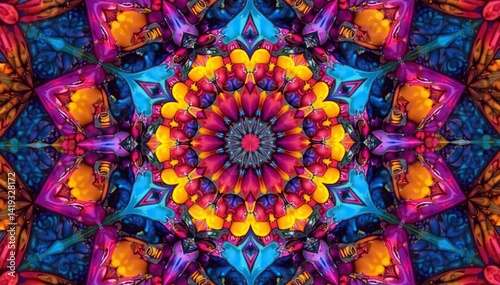 Symmetrical kaleidoscope with swirling triangles, vertex, reflection, polygon