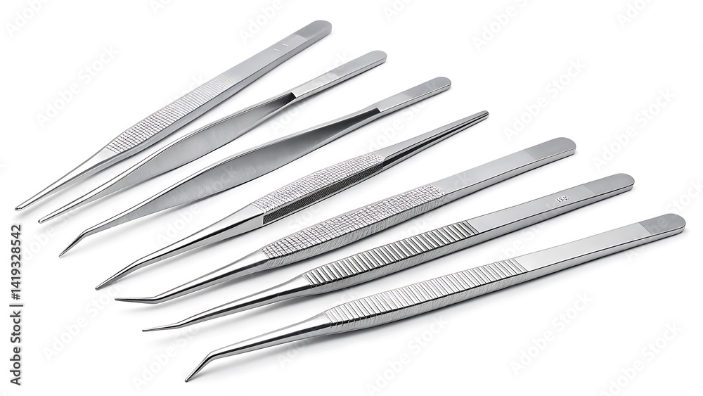 Set of precision stainless steel tweezers for electronics repair on white background Set of precision stainless steel tweezers for electronics repair on white background