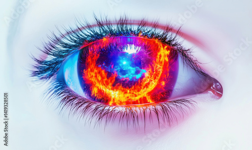Fiery eye with vibrant colors and cosmic elements reflecting in pupil.