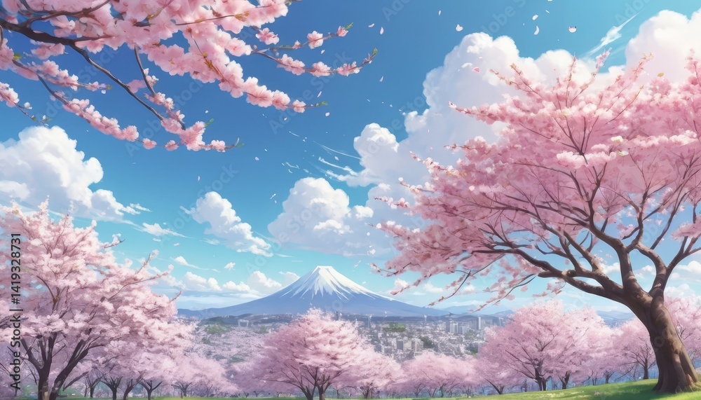 Blooming Cherry Blossoms with Distant Mountain Scenic View Blooming Cherry Blossoms with Distant Mountain Scenic View