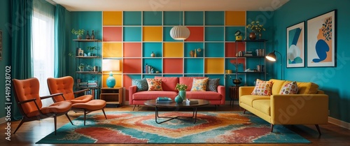 Retro modern living room with funky furniture and bold accent colors wide angle panoramic view horizontal symmetric background.