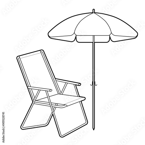Deckchair under Umbrella. Vacation, travel and picnic concept. Outline vector illustration, isolated on white background.