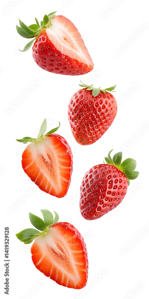 Strawberries falling isolated on transparent background Strawberries falling isolated on transparent background