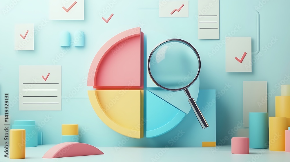 3D flat illustration of a business pie chart, one slice being inspected with a floating magnifying glass, checkmarks and percentage signs scattered subtly, minimalist white background.