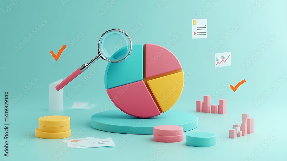 3D flat illustration of a business pie chart, one slice being inspected with a floating magnifying glass, checkmarks and percentage signs scattered subtly, minimalist white background.