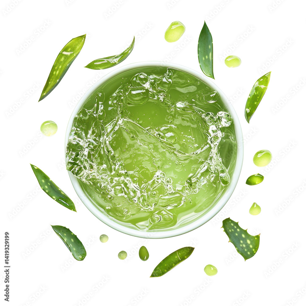 Obraz premium Refreshing Green Aloe Vera Juice Splash in White Bowl with Leaves
