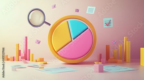 3D flat illustration of a business pie chart, one slice being inspected with a floating magnifying glass, checkmarks and percentage signs scattered subtly, minimalist white background.